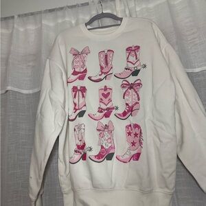 White Sweatshirt with Pink Cowboy Boot Print